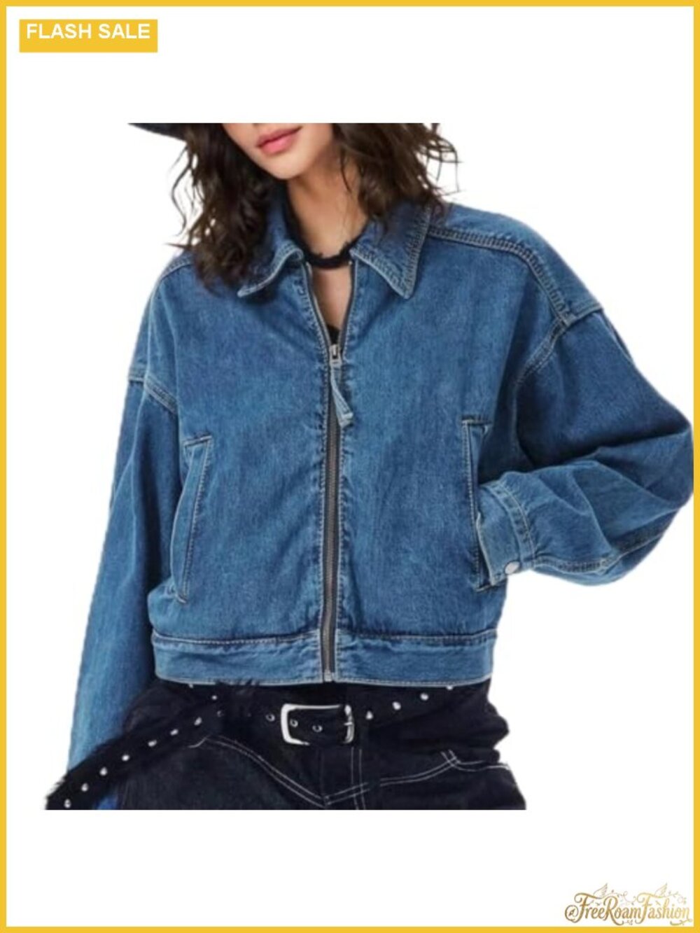 Women's Cropped Denim Bomber Jacket Zip Up Casual